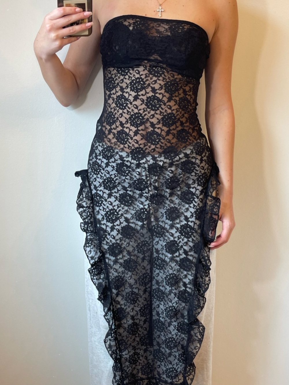 Sheer Black Lace Strapless Maxi Dress